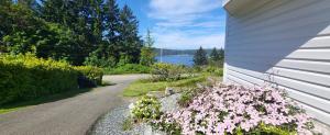 a house with pink flowers on the side of a road at Sea view stay in Lantzville