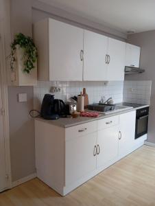 eine Küche mit weißen Schränken und einer Arbeitsplatte in der Unterkunft Apartment 5 People Quaedypre in Quaëdypre
