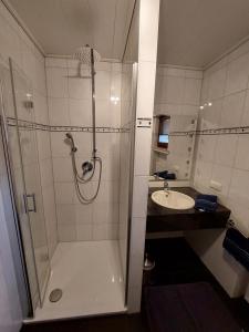 un bagno con doccia e lavandino di Ferienwohnung Arendt inkl MeineCardPlus a Willingen