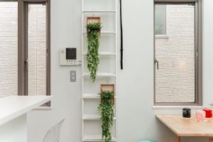 a kitchen with white shelves with plants on them at Roppongi House in Tokyo +92 photos