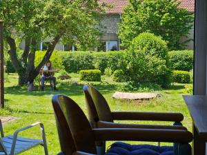 a woman sitting in a chair in a yard at Gartenhaus Schlanstedt in Schlanstedt +21 photos