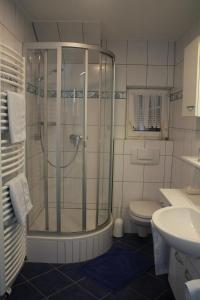 ein Bad mit einer Dusche, einem WC und einem Waschbecken in der Unterkunft Appartements-Steinkirchner in Straubing