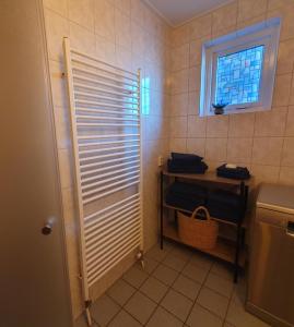 a small bathroom with a shower and a window at Vakantiehuisje Het Melkmeisje in Kaatsheuvel