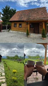 two pictures of a house and a person holding a bowl at Căsuța cu tihnă in Porumbacu de Sus