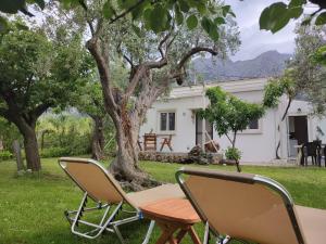 two chairs and a table in front of a tree at Liostasi Cottage in Kariotes