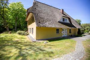 a yellow house with a thatched roof at Landhaus Butt 05 in Ahrenshoop