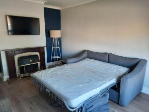 a bed in a room with a couch and a fireplace at Peggy's Place in Swinford