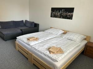 ein Schlafzimmer mit zwei Betten und einer Couch in der Unterkunft Privát Nikodém in Veľký Slavkov + 25 Fotos