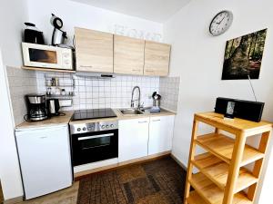 eine kleine Küche mit Spüle und Herd in der Unterkunft Ferienland Sonnenwald Ferienwohnung 44 "Sonnenschein" in Langfurth 