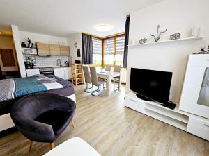 ein Schlafzimmer mit einem Bett und einem TV sowie eine Küche in der Unterkunft Ferienland Sonnenwald Ferienwohnung 44 "Sonnenschein" in Langfurth 