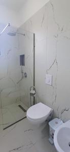 a white bathroom with a shower and a toilet at Serendipity Apartment Radhime in Radhimë +6 photos