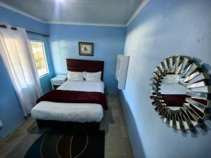 a blue room with two beds and a mirror at Evergreen guest house in Pietermaritzburg