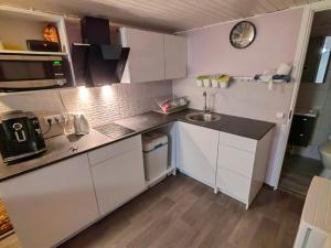 a small kitchen with white cabinets and a sink at Kril in Remniku