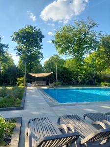 a swimming pool with two benches and a table at Pallegarste 74 met speeltuin in Mariënberg