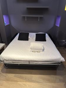 リヨンにあるLa Cachette St Jean, Calme et Sérénité Vieux Lyonの大型ベッド(白いシーツ、黒い枕付)