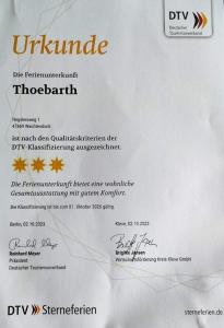 Πιστοποιητικό, βραβείο, πινακίδα ή έγγραφο που προβάλλεται στο Ferienwohnung Thoebarth