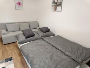 a bed and a couch in a room at Harka Central Apartman in Harkány