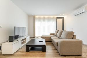 a living room with a couch and a tv at Casa do Horizonte in Vieira do Minho