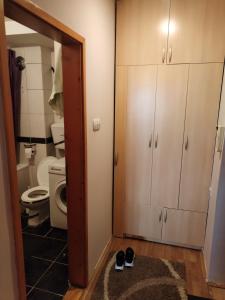 a bathroom with a toilet and a pair of shoes at Stan na dan MARA in Mladenovac +10 photos
