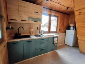 a kitchen with green cabinets and a sink at Gościnna Chatka in Radawa