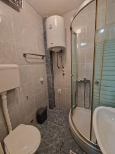 弗尔尼亚奇卡矿泉镇Apartmani Central Vrnjačka Banja Šetalište的浴室里有马桶、淋浴和洗手池。