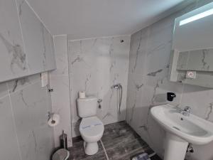 a white bathroom with a toilet and a sink at Aelia Blu 2 Maisonette in Ofrínion