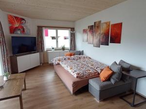 a bedroom with a bed and a tv and a couch at 3,5 Zimmer Parterre Wohnung in Alpnach