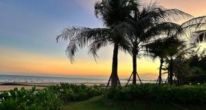 two palm trees on the beach at sunset at Biệt thự nghỉ dưỡng Saint Simeon Long Hải in Ấp Phước Tĩnh