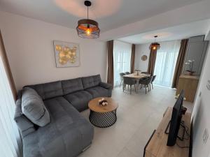 a living room with a couch and a table at Vila Joy in Ploieşti