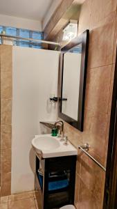 a bathroom with a sink and a mirror at Luminoso Ambiente, con cochera en lo mejor de La Perla in Mar del Plata +27 photos