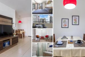 尼泰罗伊Suite, 2quartos, cozinha completa, varandão, 2 vagas de garagem的厨房和客厅的照片拼合在一起