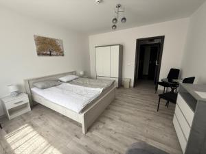 a bedroom with a bed and a desk and a mirror at LG Apartman Siófok in Siófok