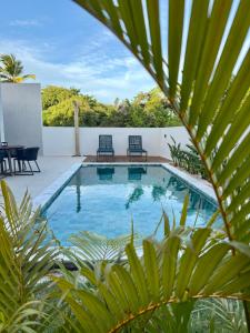 a swimming pool in a backyard with chairs and plants at La Petite Suisse - Condomínio Charmoso em Imbassaí in Mata de Sao Joao