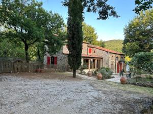 a brick house with a tree in front of it at Podere Diacciolini near Massa Marittima in Fontalcinaldo
