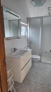 Un baño con lavabo, inodoro y espejo. en Area Pequena ATICO, en Malpica de Bergantiños