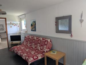 a living room with a red couch and a tv at Entre lac et pistes in Gérardmer