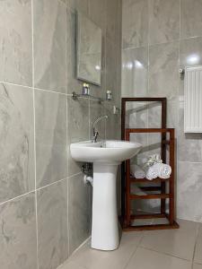 Un baño con un lavabo blanco y un espejo. en Kaşkaloğlu Hotel, en Arapkir