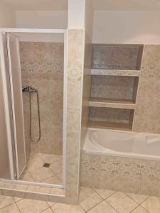 a bathroom with a shower and a tub at Rodinný dům v Praze s bazénem in Prague