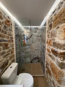 a bathroom with a white toilet and a stone wall at Traditional house Nikos in Roussokhória +13 photos