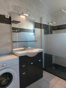 a bathroom with a sink and a washing machine at Village de gîtes La Fontinelle in Bessas