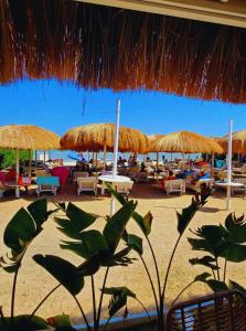a beach with straw umbrellas and tables and chairs at Sharm Hills Escape in Sharm El Sheikh