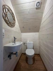 un piccolo bagno con un water e un lavandino di Willa Pod Dębami II domek nad zalewem Chańcza z balią oraz sauną na wyłączność a Życiny Altre 14 foto