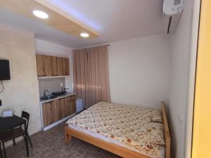 a small bedroom with a bed and a kitchen at Airport view Apartment in Belgrade
