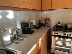 a kitchen counter with a coffee maker and a sink at Sea View Artaki Apartment in Nea Artaki +2 photos
