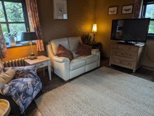 a living room with a couch and a tv at Riverside Cottage in Castledawson