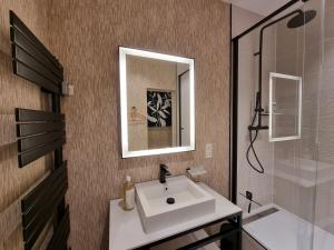 a bathroom with a white sink and a shower at La Villa des Tendances in Soissons