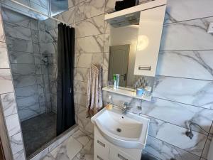 a bathroom with a sink and a shower and a mirror at Villa IMAN in Sarajevo +51 photos