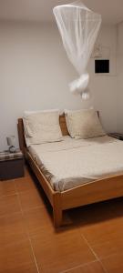 una camera da letto con un letto dotato di zanzariera di Ericka et François a Quartier Monplaisir