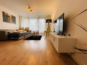 a living room with a couch and a flat screen tv at Schwarzwald-Idylle in Schonach in Schonach