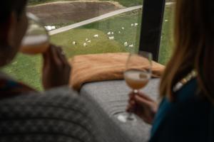 two people holding glasses of wine looking out a window at sheep at Panoramahytte med utsikt mot Eggenipa in Egge